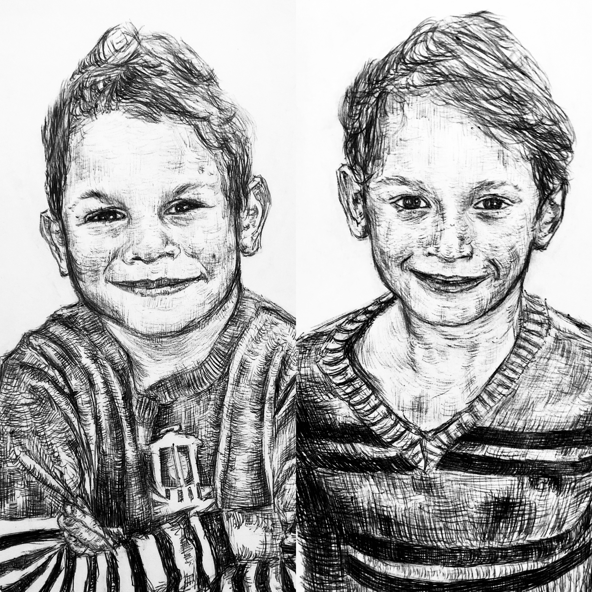 black-and-white sketch of two preteen boys smiling